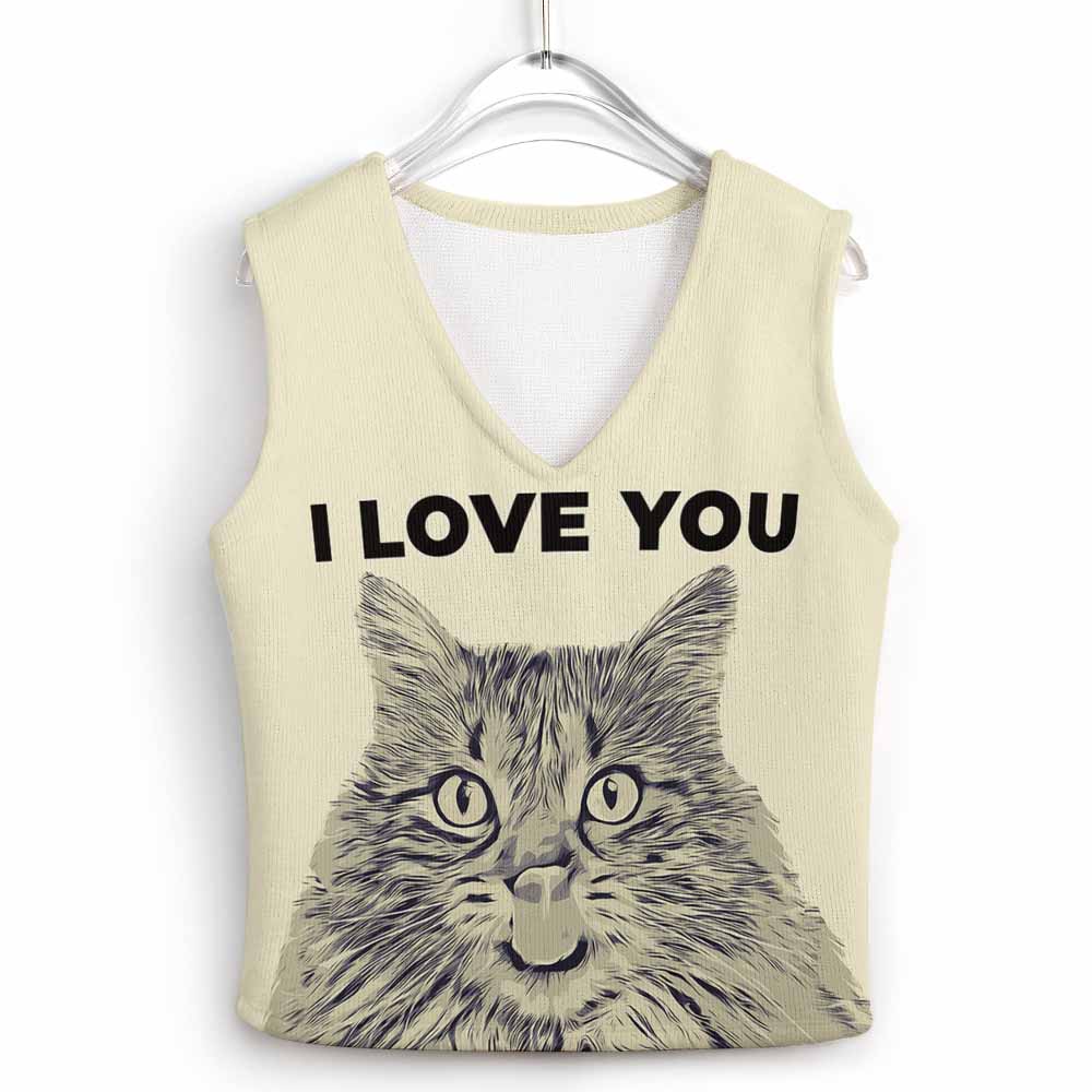 Beige Women's Knit Vest with Cat Face and 'I LOVE YOU' Text