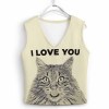 Beige Women's Knit Vest with Cat Face and 'I LOVE YOU' Text