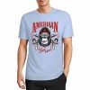 Light blue pure cotton T-shirt with "AMERICAN LEGEND" gorilla graphic print, summer fashion.
