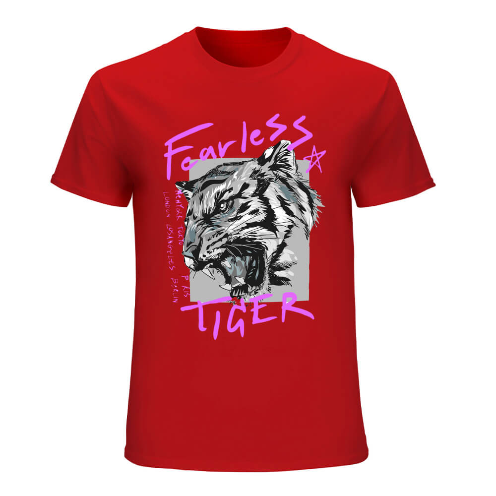 Red cotton men's Fearless Tiger graphic T-shirt, front view, collection.