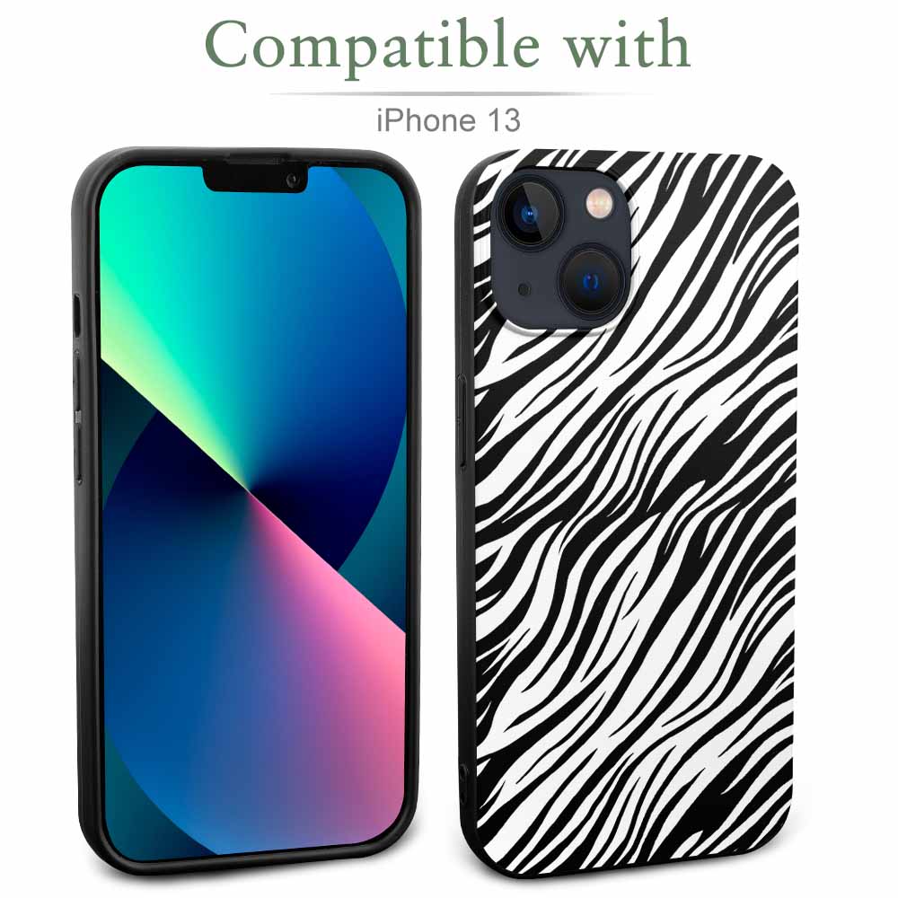 iPhone 13 case with zebra print design, black and white, made of TPU