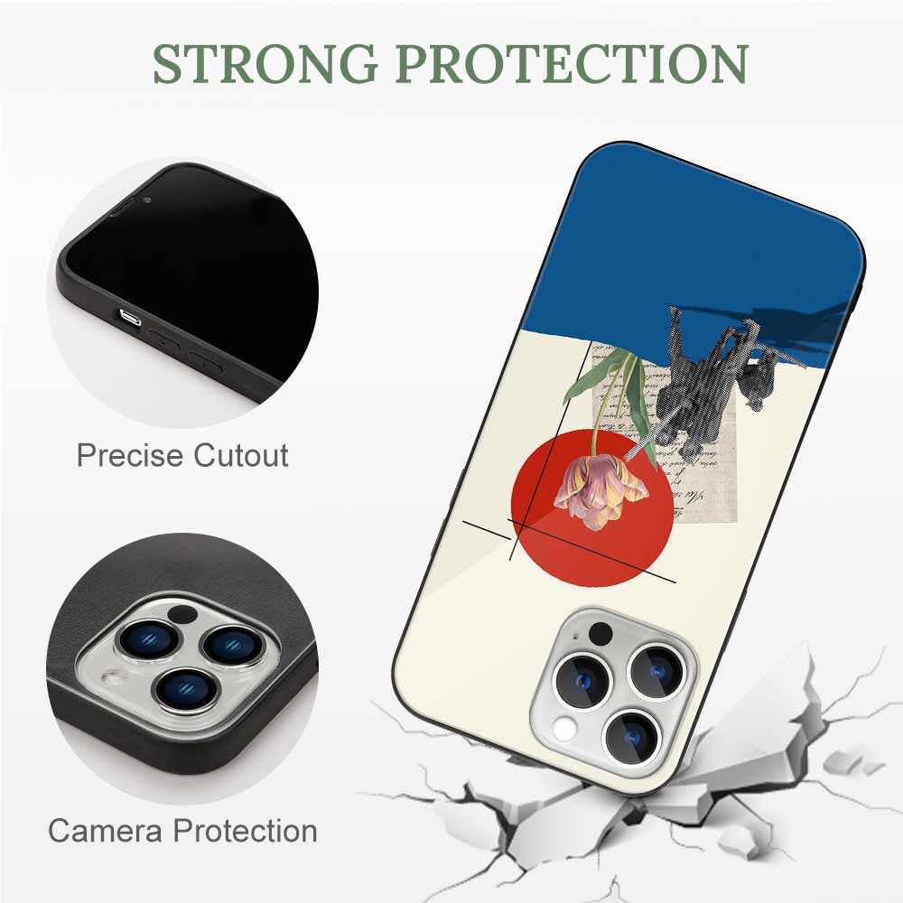 iPhone 13 glass case with strong protection, Japanese-inspired design, scratch-resistant, wireless charging compatible.
