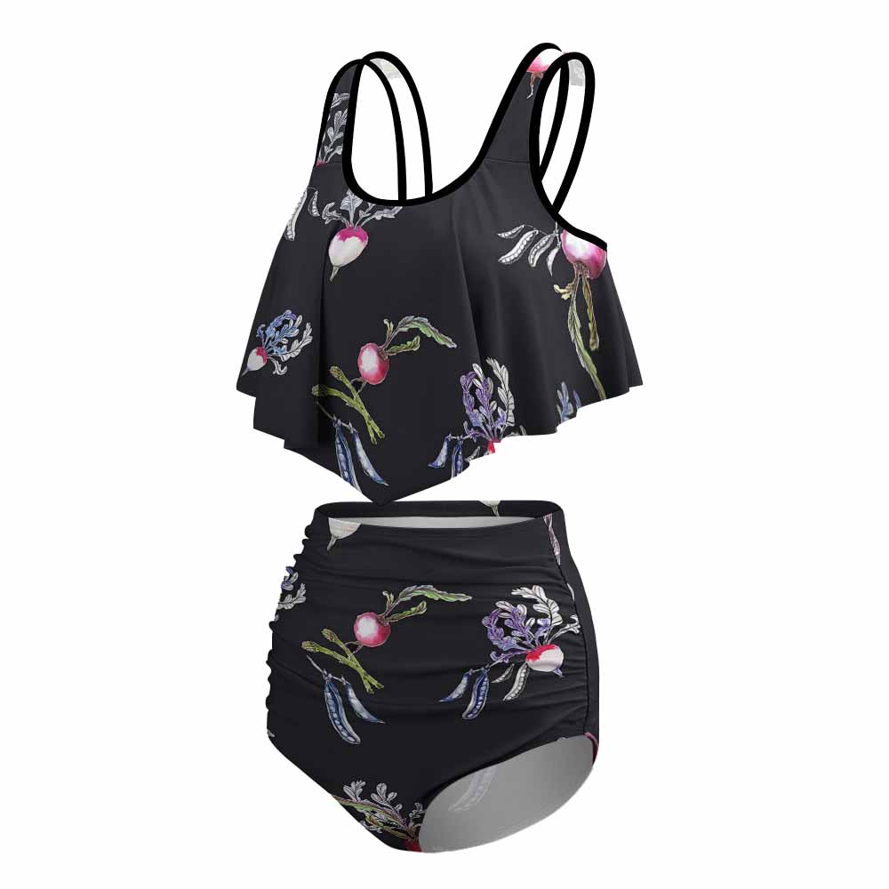 Black floral print ladies bikini swimsuit with layered top and high waist bottoms