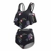 Black floral print ladies bikini swimsuit with layered top and high waist bottoms