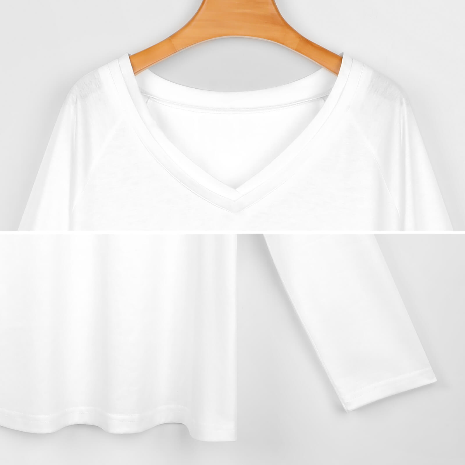 White V-neck long sleeve tee, polyester-spandex blend, perfect for daily wear, Inkedjoy