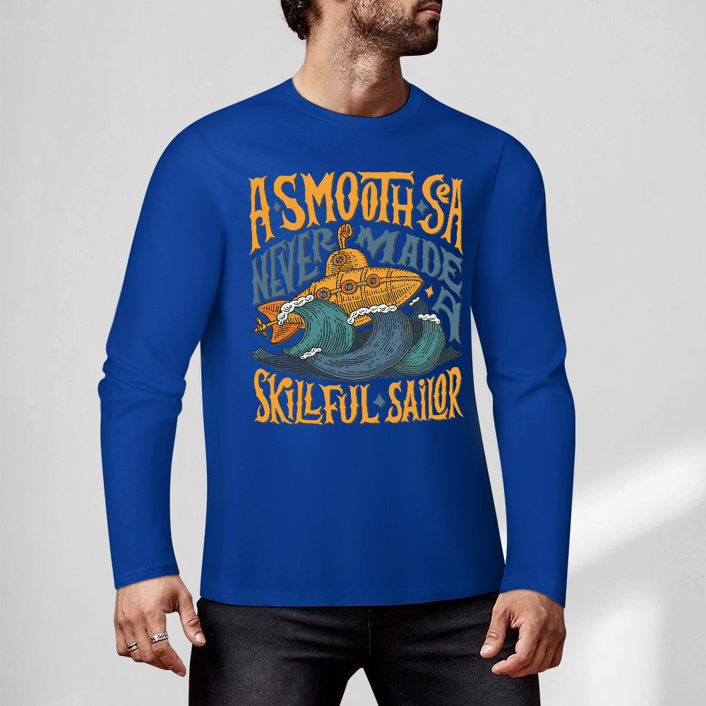 Blue pure cotton long sleeve T-shirt with 'A SMOOTH SHAKER' graphic, casual wear.