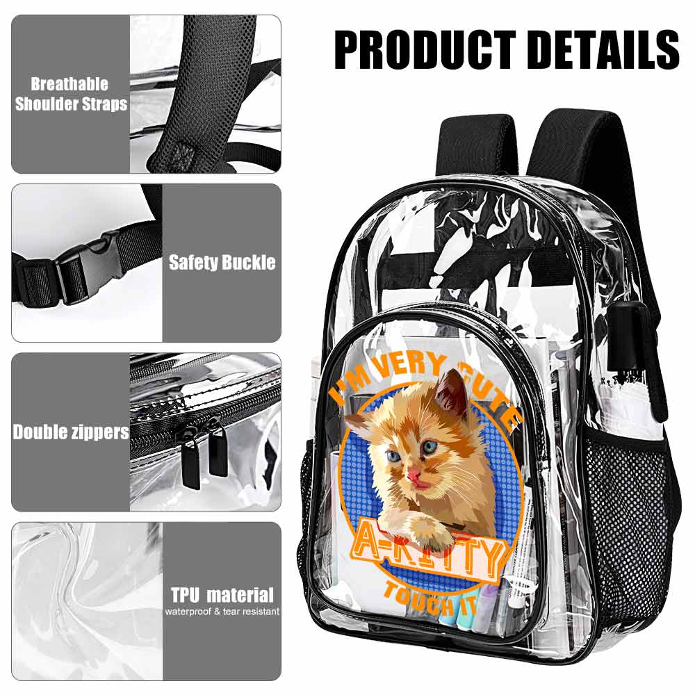 Black transparent PVC backpack showcasing product details, durable and stylish design perfect for work and travel.