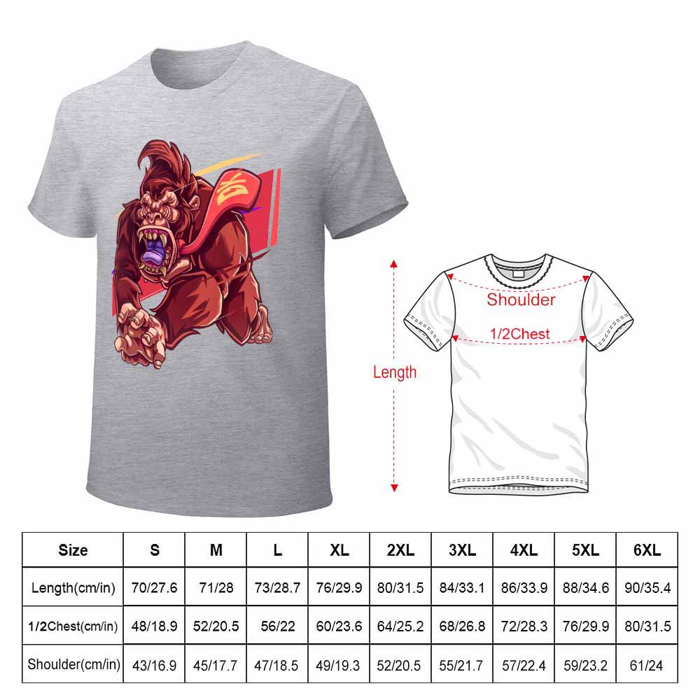 Gray men's cotton T-shirt with red monster graphic print and size chart | Inkedjoy