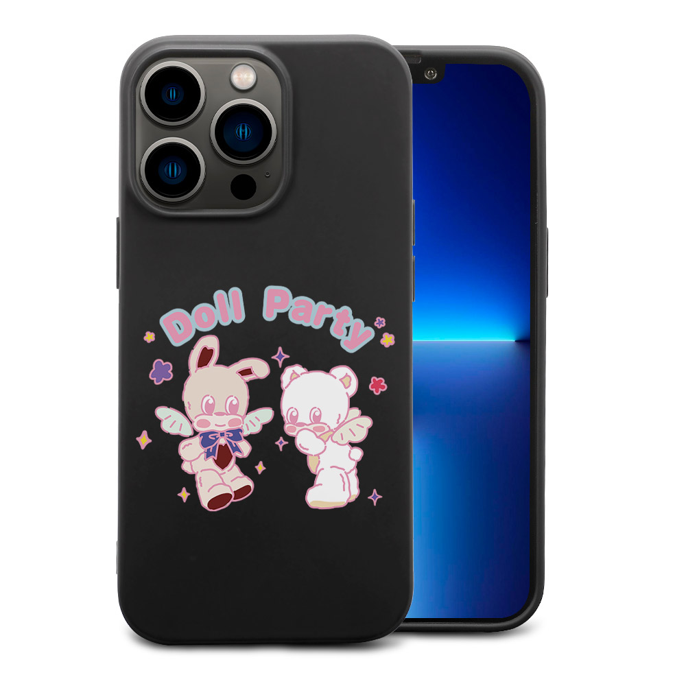 iPhone 13 case with 'Doll Party' design, black TPU, wireless charging compatible.