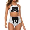 White two-piece bikini swimsuit featuring a cat design, perfect for beach and summer.