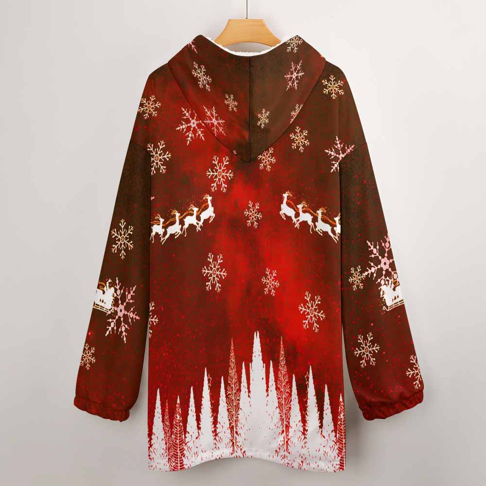 Red and brown Women's Hooded Blanket Shirt with snowflake and reindeer patterns, polyester oversized sweater.