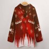 Red and brown Women's Hooded Blanket Shirt with snowflake and reindeer patterns, polyester oversized sweater.