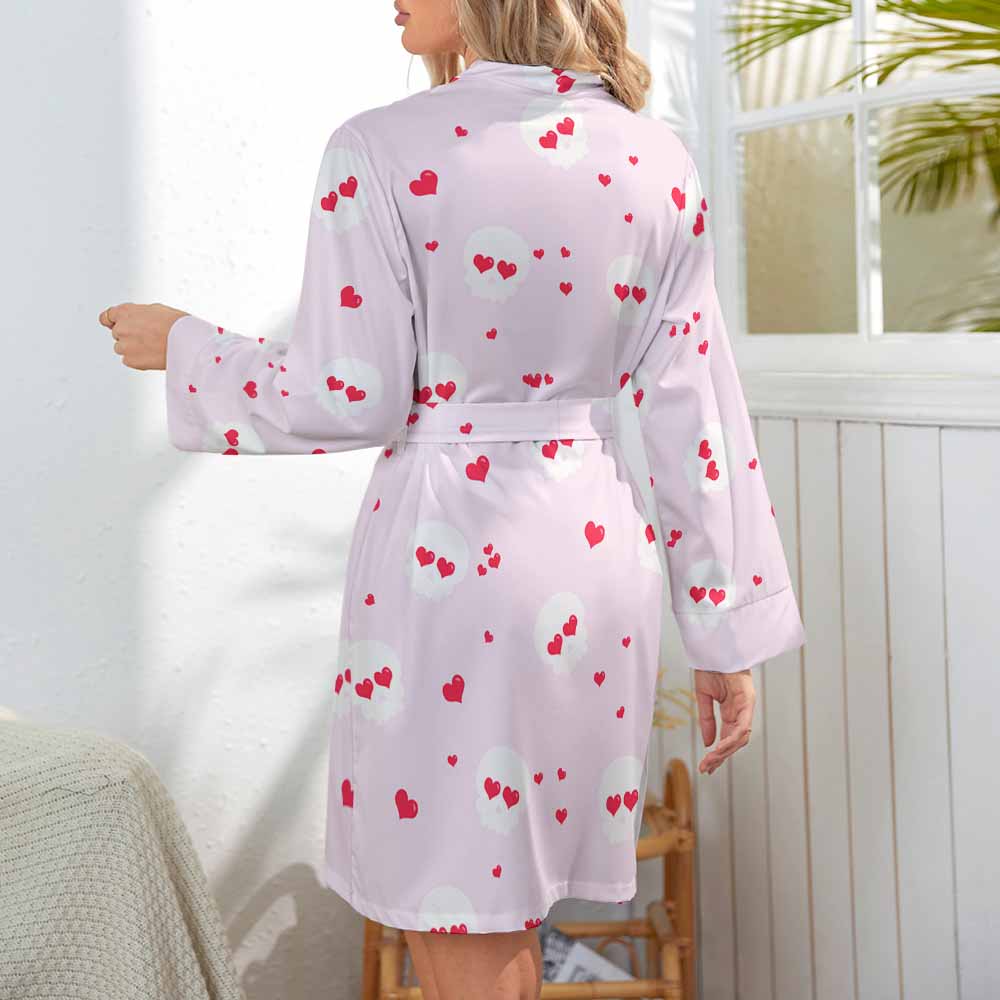 White cherry pattern ladies' robe, belted, comfortable home wear
