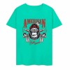 Teal pure cotton short-sleeved T-shirt with AMERICAN LEGEND gorilla graphic print, summer fashion.