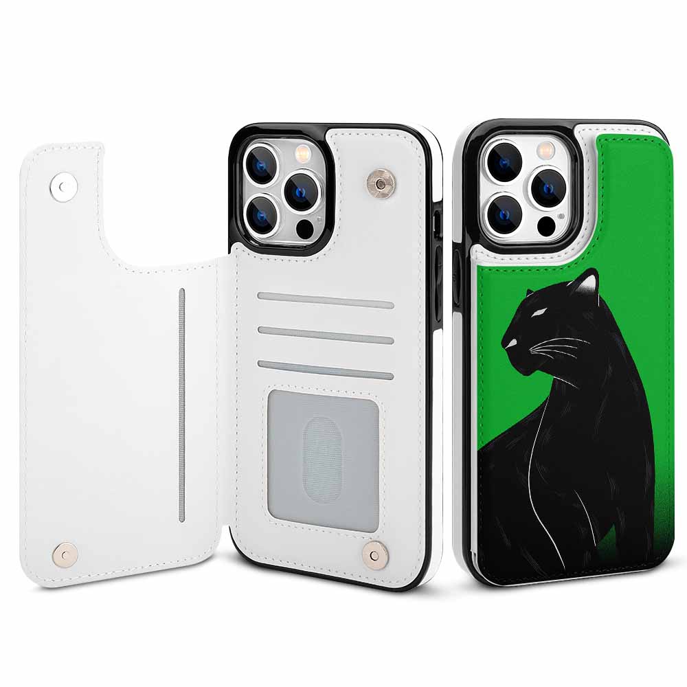 iPhone 13 phone case with card slot, white leather, featuring a panther design, offering protection and card storage