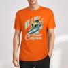 Orange pure cotton T-shirt with Malibu California surfing graphic, summer fashion, front view.