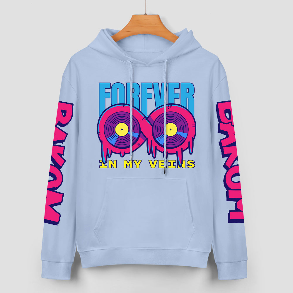 Light blue cotton 'FOREVER 99' hoodie with donut graphic and sleeve prints