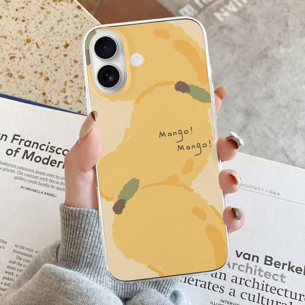 iPhone 16 case, yellow TPU with mango design, "mango mango" text, protective cover.