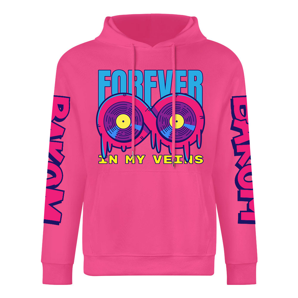 Pink cotton hoodie with 'FOREVER 99' donut graphic, DAKUM and CRASH sleeve prints, youth fashion