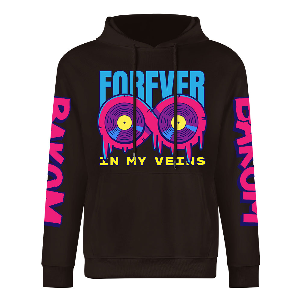 Black cotton hoodie with 'FOREVER' graphic, donut design, DAKUM and sleeve prints, youth fashion style.