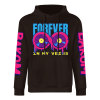 Black cotton hoodie with 'FOREVER' graphic, donut design, DAKUM and sleeve prints, youth fashion style.