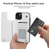 iPhone 15 Plus wallet case, white leather design with card slot, full protection.