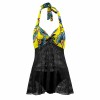 Yellow floral halter top bikini swimsuit with black skirt, adjustable length, unwired cups for comfort and style.