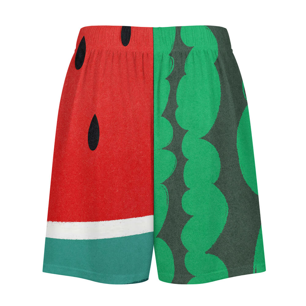 Ice silk pajama shorts with watermelon print. Comfortable and breathable sleepwear, perfect for home or vacation.