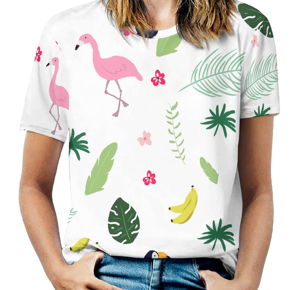 Women's white t-shirt with a colorful flamingo print and tropical leaves, perfect for summer.
