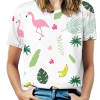 Women's white t-shirt with a colorful flamingo print and tropical leaves, perfect for summer.