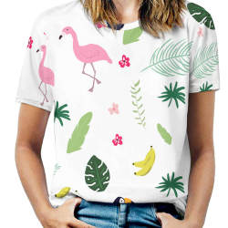 Women's white t-shirt with a colorful flamingo print and tropical leaves, perfect for summer.