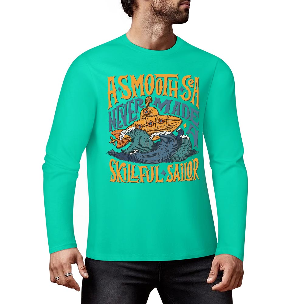 Turquoise pure cotton long-sleeved T-shirt with ASMODUS Shark Attack graphic, casual wear