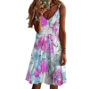 Floral print long suspender dress, adjustable straps, sleeveless, above-the-knee, and flowy hem, perfect for summer.
