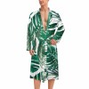 Men's bathrobe featuring a vibrant green tropical leaf pattern, made of soft polyester, perfect for bathroom or beach use.