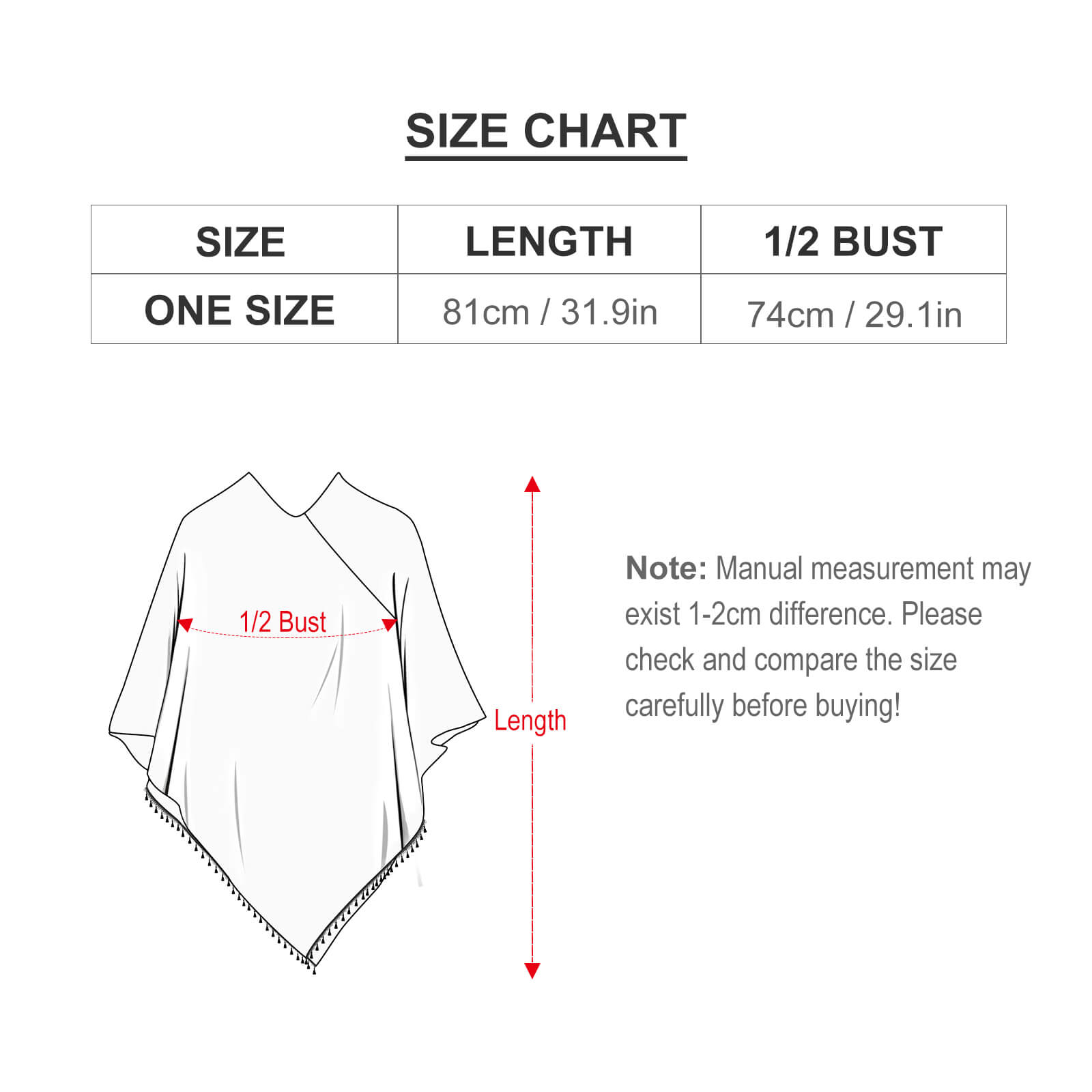 Knitted Cape size chart, featuring length and bust measurements, with a fringed edge and leaf pattern.