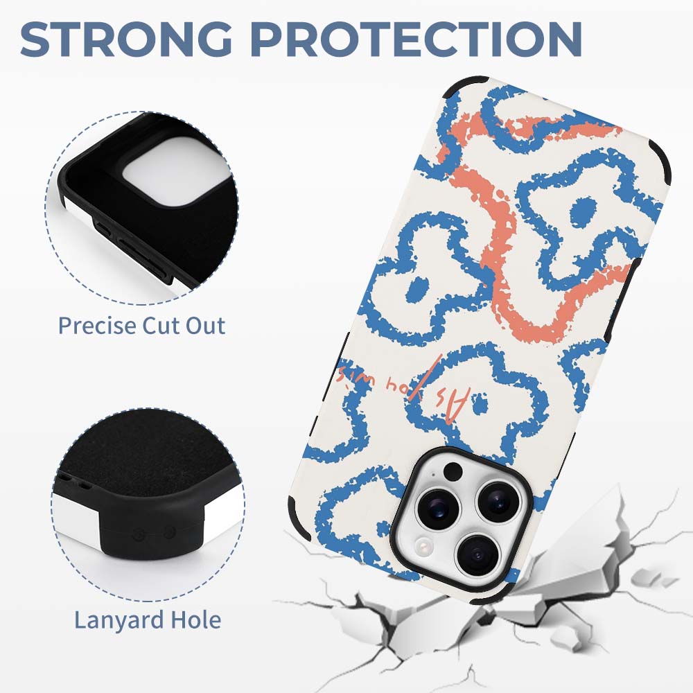 iPhone 16 Fiber Skin Case with abstract blue and orange floral pattern, strong protection and comfortable grip.