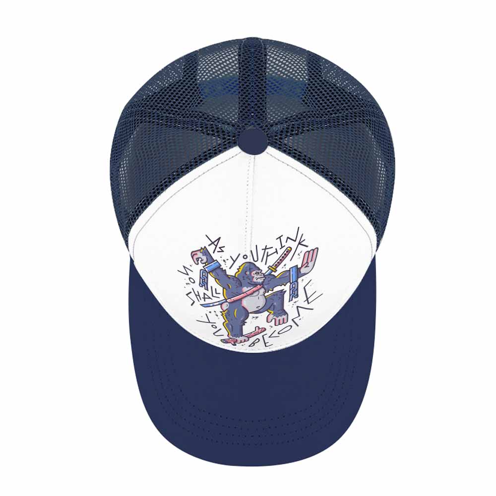 Navy and white baseball cap with graphic design, mesh back and curved brim, Inkedjoy.