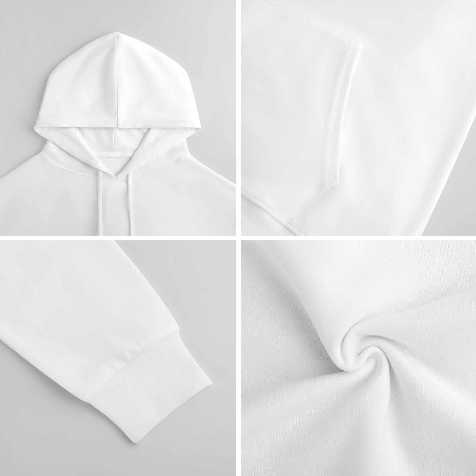 White cotton hooded sweater detail, showcasing fabric texture and design, comfortable youth fashion.
