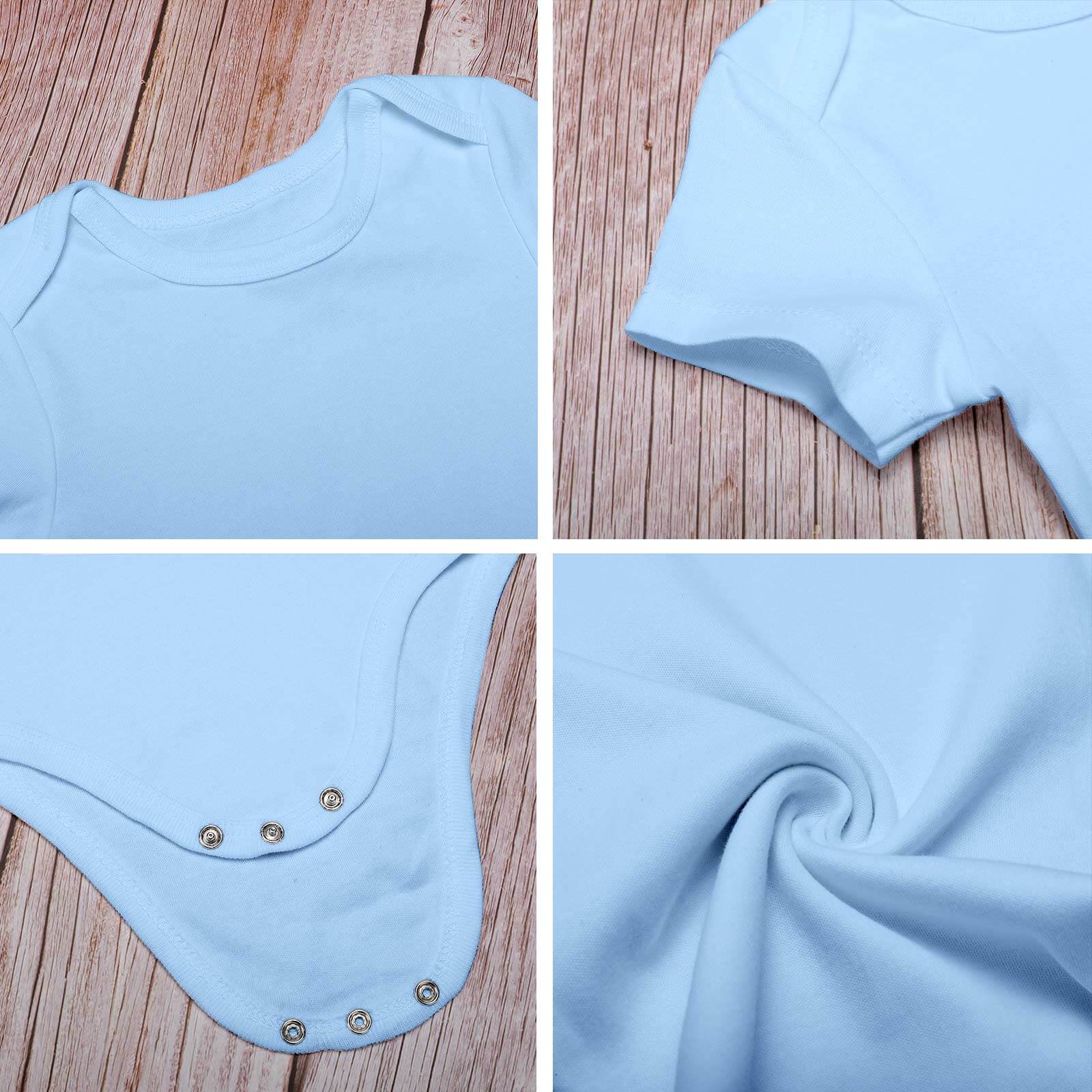Light blue baby bodysuit details: soft cotton, button design, and skin-friendly comfort for babies aged 3-24 months.