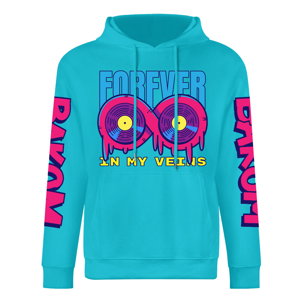 Turquoise cotton hoodie with 'FOREVER 99' donut graphic, DAKUM sleeve prints, youth fashion style.