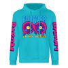 Turquoise cotton hoodie with 'FOREVER 99' donut graphic, DAKUM sleeve prints, youth fashion style.