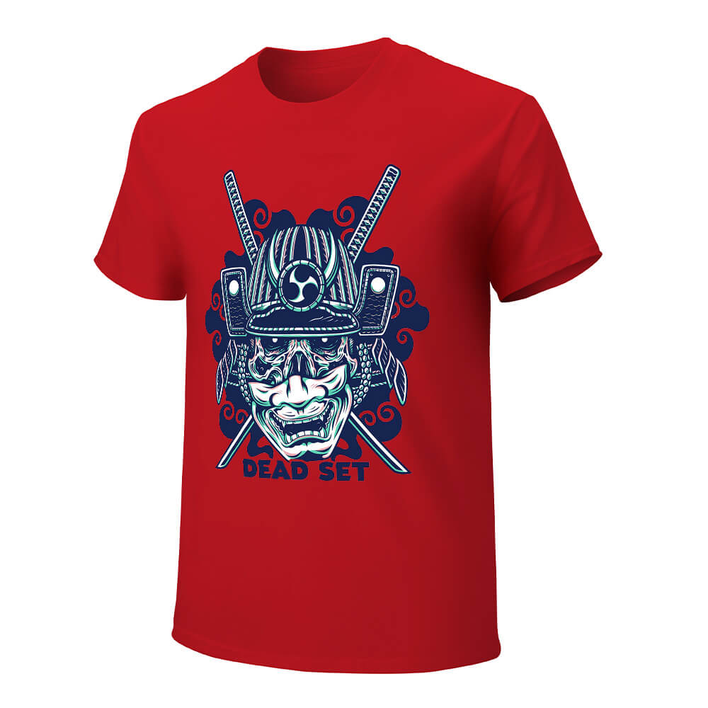 Red cotton men's samurai skull T-shirt, ideal for leisure and events.