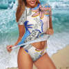Floral short sleeve bikini swimsuit. Summer beachwear made from polyester and spandex blend, perfect for beach or pool.
