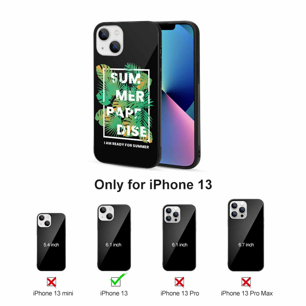 iPhone 13 case with SUMMER PARADISE design, glass back, scratch resistant, wireless charging compatible.