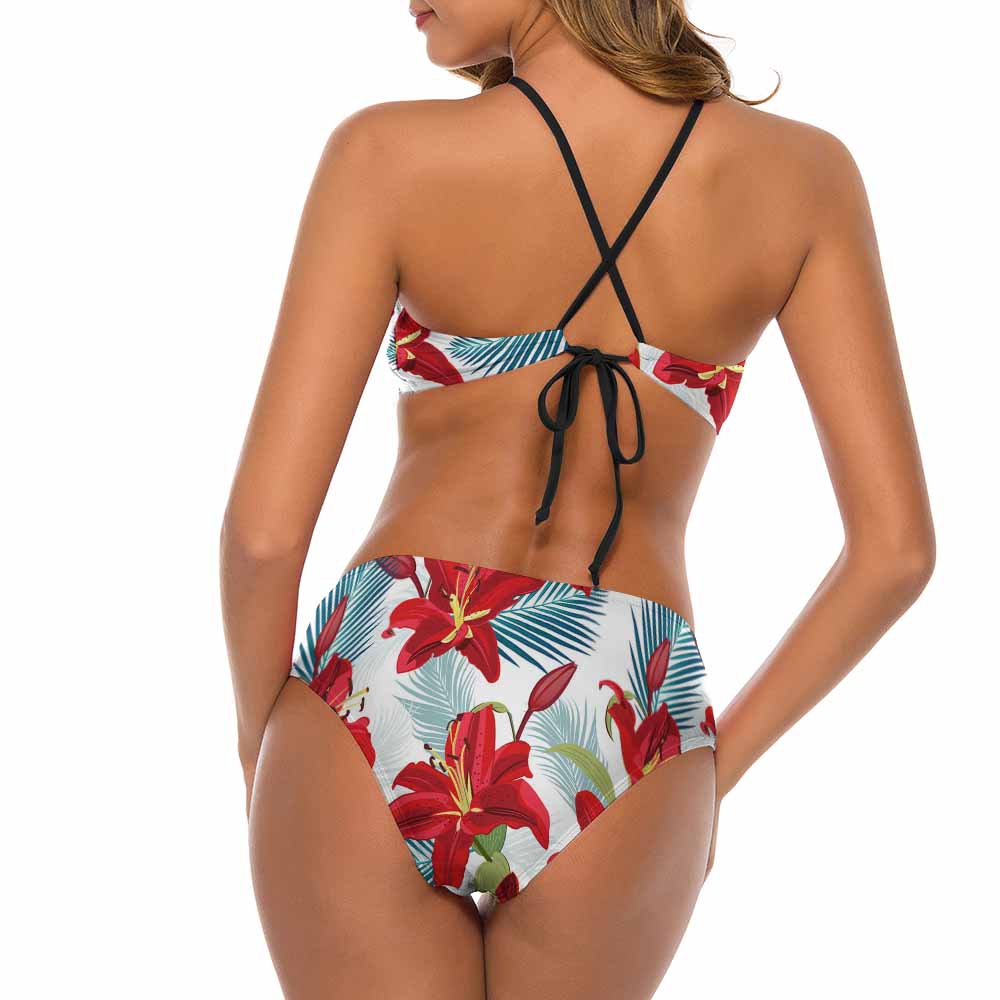 Floral print bikini swimsuit, halter neck and high-waisted, perfect for summer. Red and white floral design.