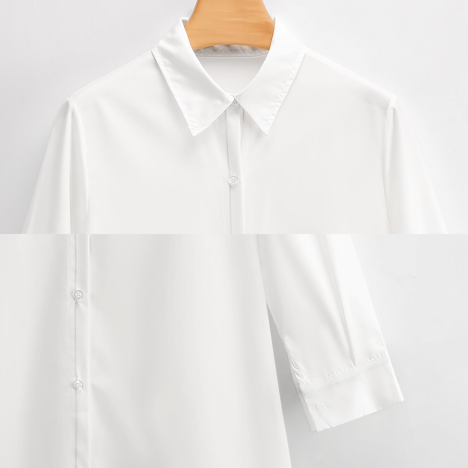 Button neck long sleeve white shirt dress, comfortable polyester fabric, ideal for daily wear or work.