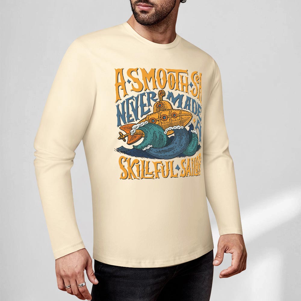 Cream pure cotton long sleeve T-shirt featuring ASMODUS Skull San graphic for casual wear.