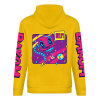 Yellow cotton hoodie with FOREVER 99 graphic, donut design, DAKUM sleeve prints, youth fashion.