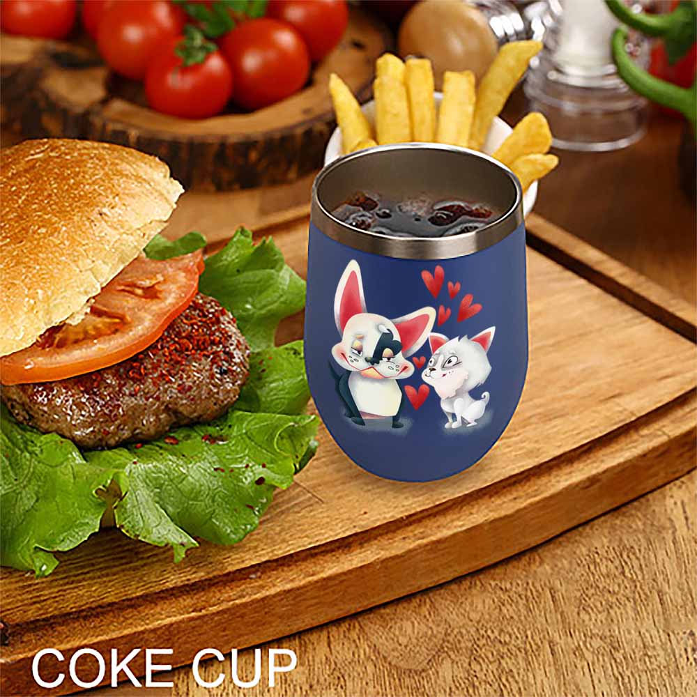 Blue insulated cup with cat and penguin design, burger and fries, Inkedjoy product.
