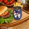 Blue insulated cup with cat and penguin design, burger and fries, Inkedjoy product.